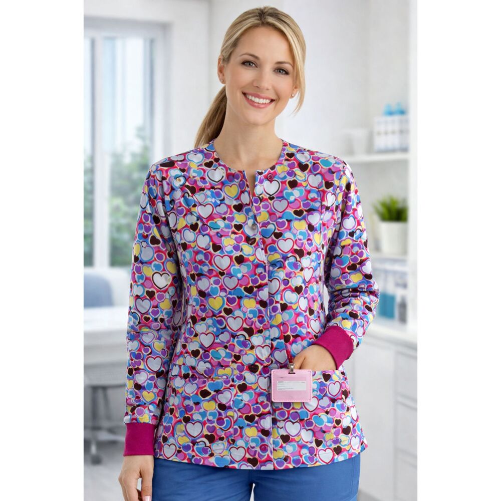 ADAR Women’s Small Snap Front Heart Print Long Sleeve Nurse Medical Scrub Top